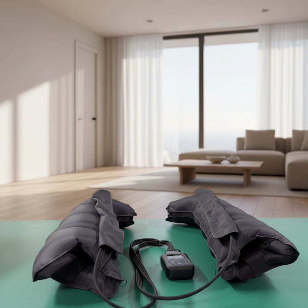 Pair of gray weighted arm sleeves with a control device on a green surface.