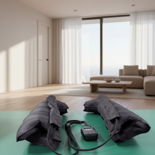 Pair of gray weighted arm sleeves with a control device on a green surface.