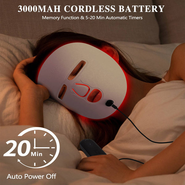 Person using a red and white cordless massager with text about battery capacity and timer features.